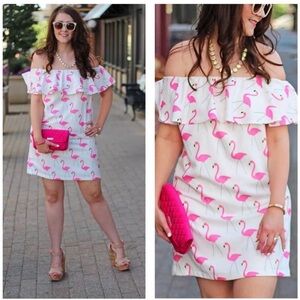TIFF + JEN OFF SHOULDER PINK WHITE FLAMINGO PRINT MINI DRESS SZ S